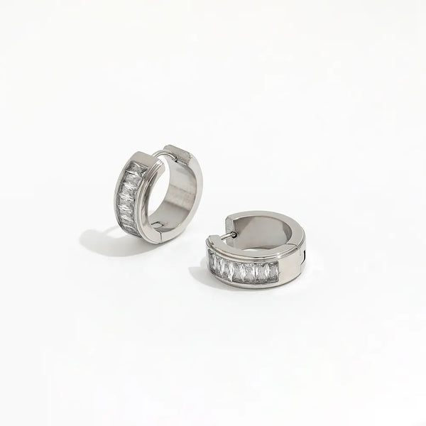 Diamond Baguette Silver Hoops